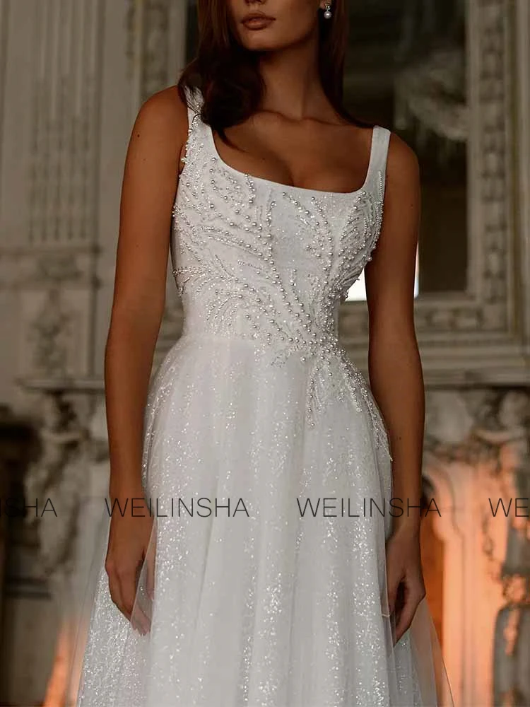 Luxury Dresses Women 2025 Wedding Organza A-line Wedding Party Dresses White Square Neck Pearls Ruched Women Wedding Dress Long