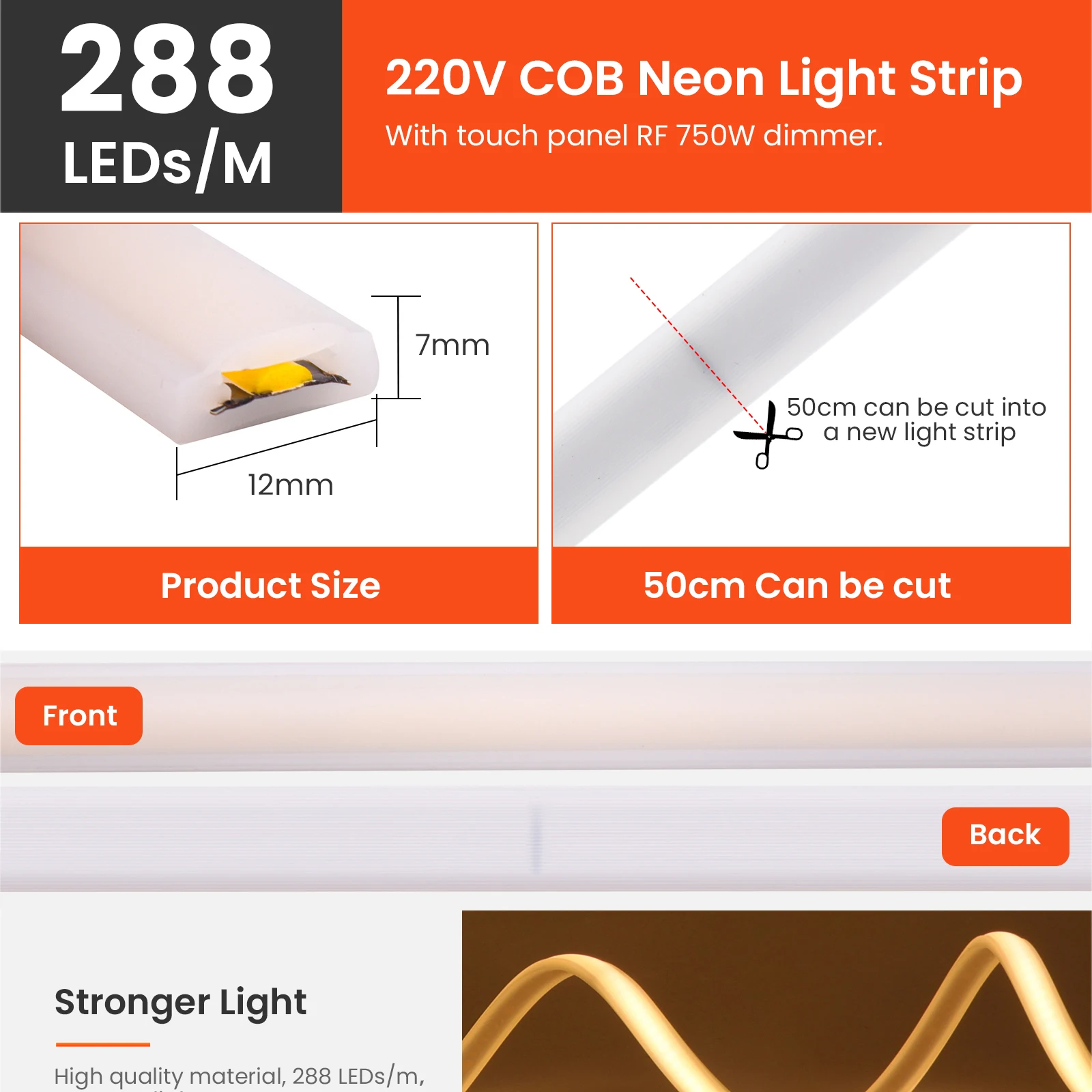 Imagem -05 - Faixa de Luz de Néon Regulável Tuya Wifi Impermeável Bluetooth Flexível Fita Fita Led Faixa Cob Ip65 288leds Controle de Painel m ac 220v