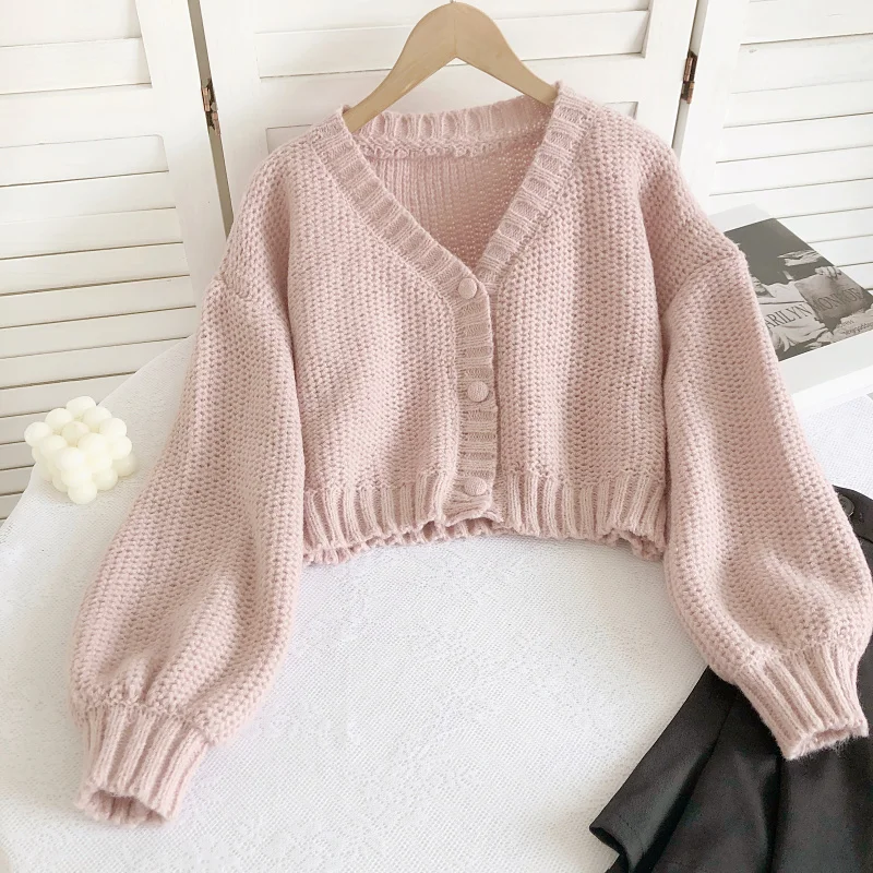 Retro Lazy V-neck Long-sleeved Knitted Cardigan Autumn Winter Breasted Sweater Jacket Solid Color Short Sweater Women Cardigans