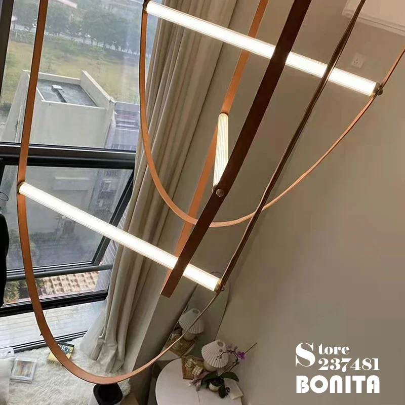 5-Color Leather Strap Chandelier, Antique Bronze LED Tube Light for Hotel Lobby & Event Decoration, Vintage Industrial Lighting