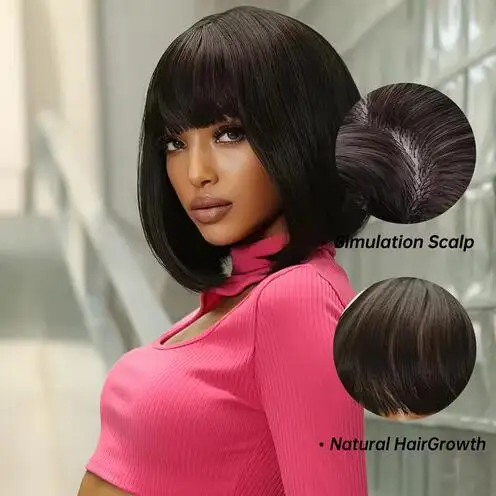 สีดําสีน้ําตาลสั้น Bob วิกผมสังเคราะห์ตรงวิกผมผู้หญิง Afro ธรรมชาติผมคอสเพลย์ปาร์ตี้ทุกวันทนความร้อน