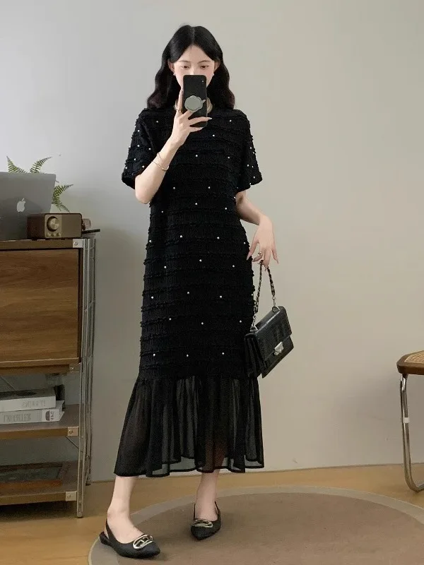 

Elegant Black Beaded Shoulder Maxi Dress Summer New Style Large Size Women's Chiffon Hemline Loose Fit Korean Style Commute