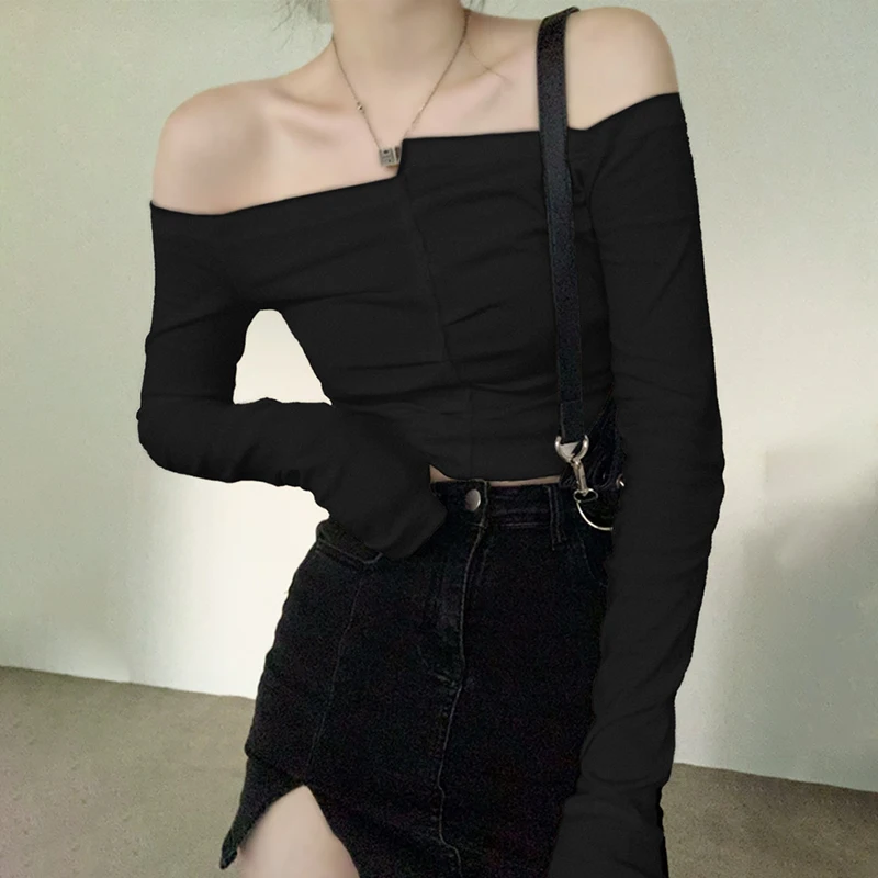 الخريف مثير خارج الكتف عالية الخصر قصيرة قاع قميص المرأة طويلة الأكمام تي شيرت تصميم الأعلى #3