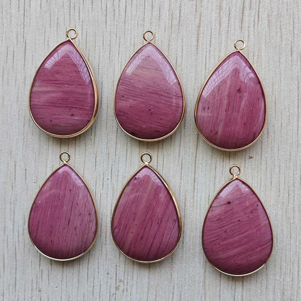 Beautiful Natural Rhodochrosite Stone Gold Color Side Water Drop Shape Pendants for Jewelry Making 6pcs Wholesale Free Shipping