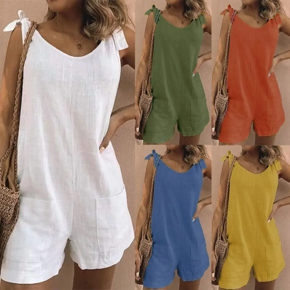 

Women Rompers Jumpsuit Solid Color Sleeveless Adjustable Straps Pockets Loose Jumpsuit Dungarees Short Pants Jumpsuits 2022 New