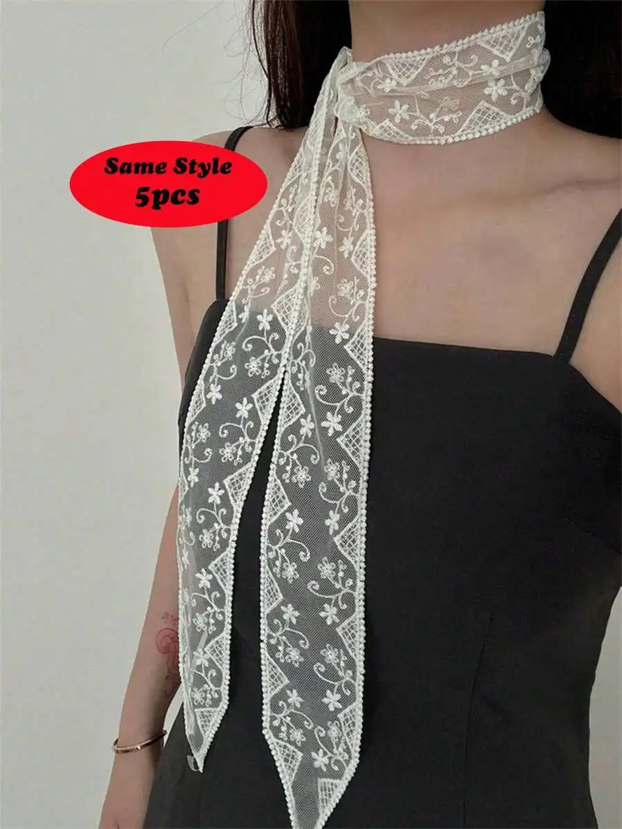 1pc Soft Elegant Lace Scarf, Fashionable Floral Embroidered Scarf, Versatile For Office Ladies As Wristband, Headband, Neck
