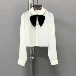 dimensional bow color collision short long-sleeved shirts & blouses temperament ageing doll collar fashion woman blouse 2023