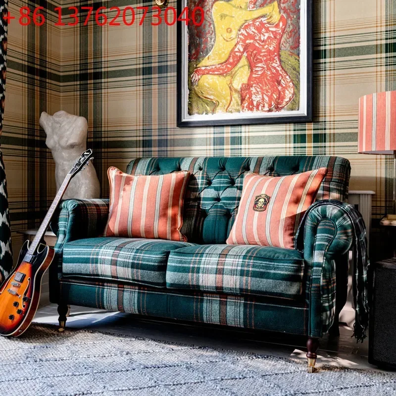 American retro dark green plaid fabric small apartment living room French second-hand sofa