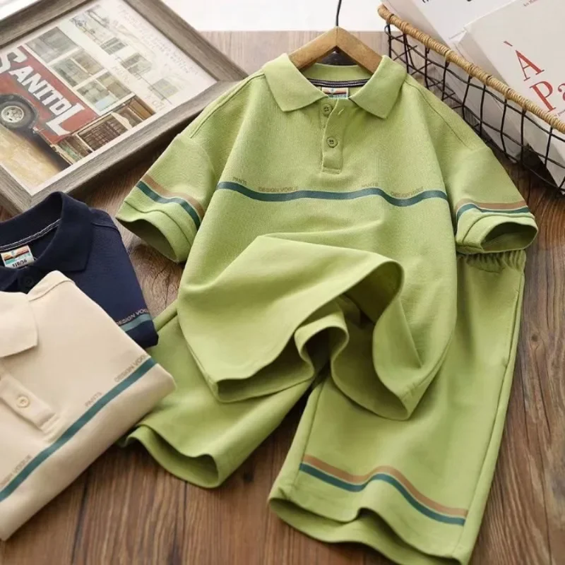 

Summer Children Boy Clothes Set Teenage Lapel T-shirts and Shorts 2pcs Suit Kid Letter Polo Top Bottom Fashion Outfits Tracksuit
