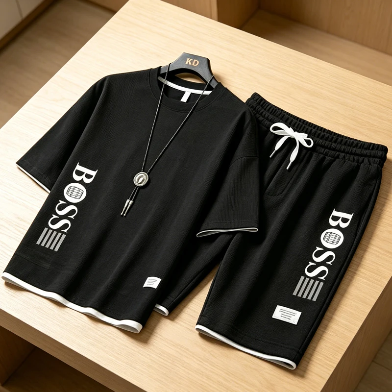 

Men's new fitness running trend summer fashionable loose casual breathable sports outfit T-shirt and shorts set