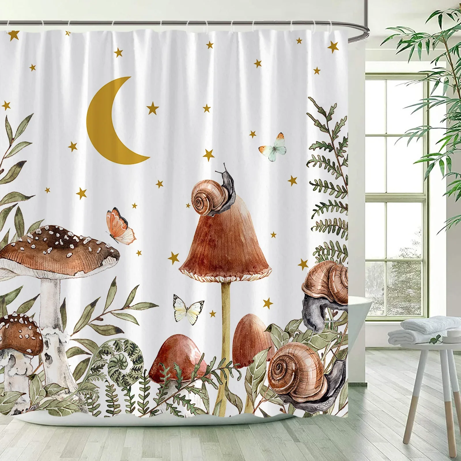 Forest Mushroom Shower Curtain Moon Butterfly Watercolor Plant Leaves Snail Cartoon Children Bathroom Decor Curtains with Hooks