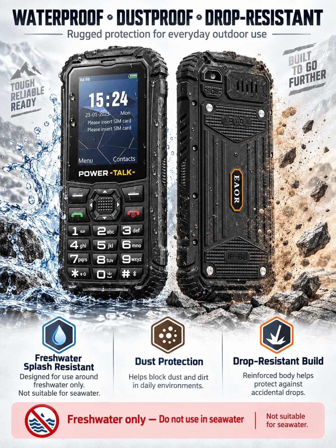 Rugged IP68 Waterproof Feature Phone Dual SIM Big Button SOS Large Battery Loud Speaker Flashlight Outdoor Emergency Mobile