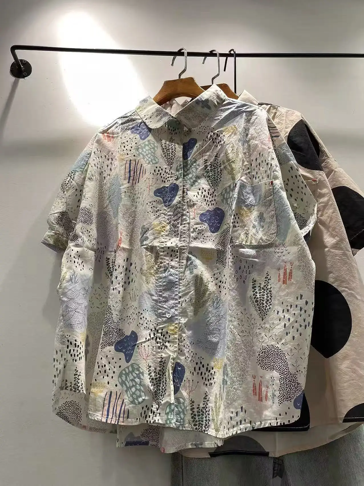 

2026 Women's Oversized Harajuku Fashion Short Sleeve Shirt Abstract Nature Print Collared Blouse Summer Holiday Cotton Top
