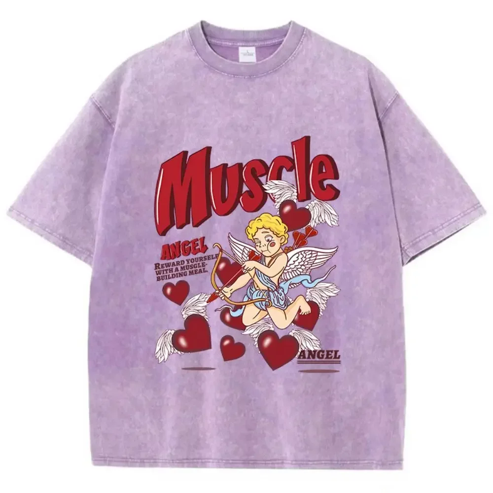 New Street Womans Cotton Washed T-Shirts Angels Shoot Arrows At Love Printing Tops Oversize O-Neck Soft Short Sleeve