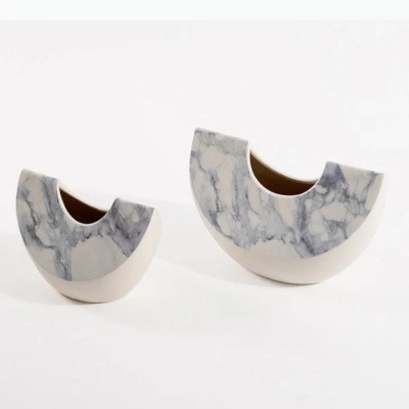 Ceramic Vase Marble Pattern Half-round Flowerpot Ceramic Handicraft Terrarium Flower Vase Home Decoration Accessories