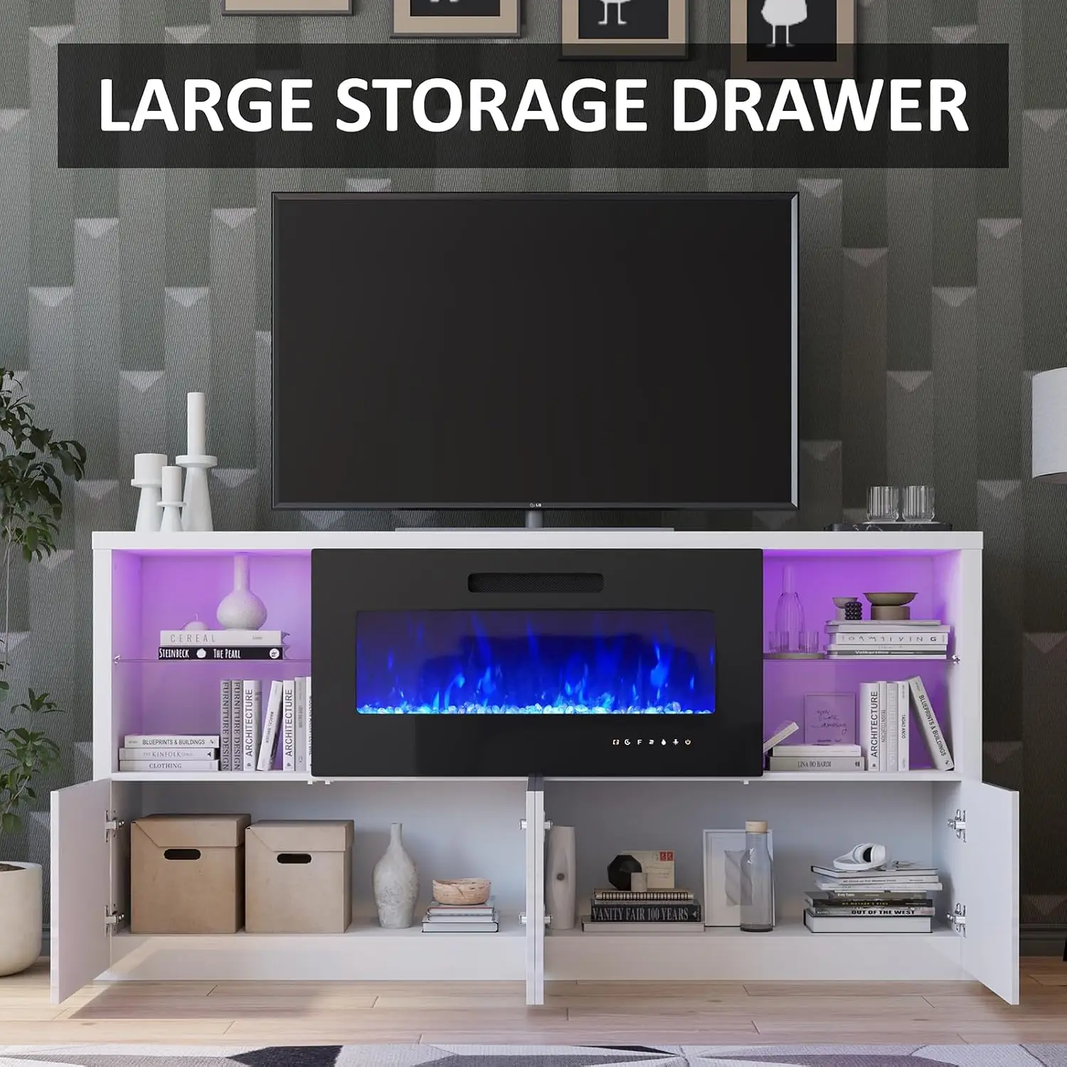 68'' Fireplace TV Stand w/ 40'' Fireplace, Modern High Gloss Fireplace Entertainment Center with LED Lights for TVs up to 78'',