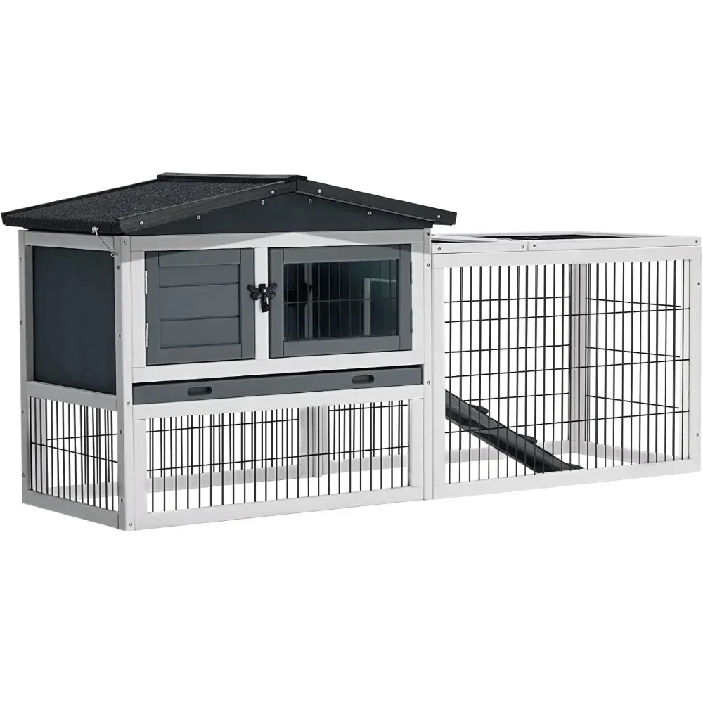 

Rabbit Hutch Outdoor Rabbit Cage with 2-Level Area, Waterproof Roof, 4 Access Doors, Non-Slip Ramp Guinea Pig Cages Chicken Coop