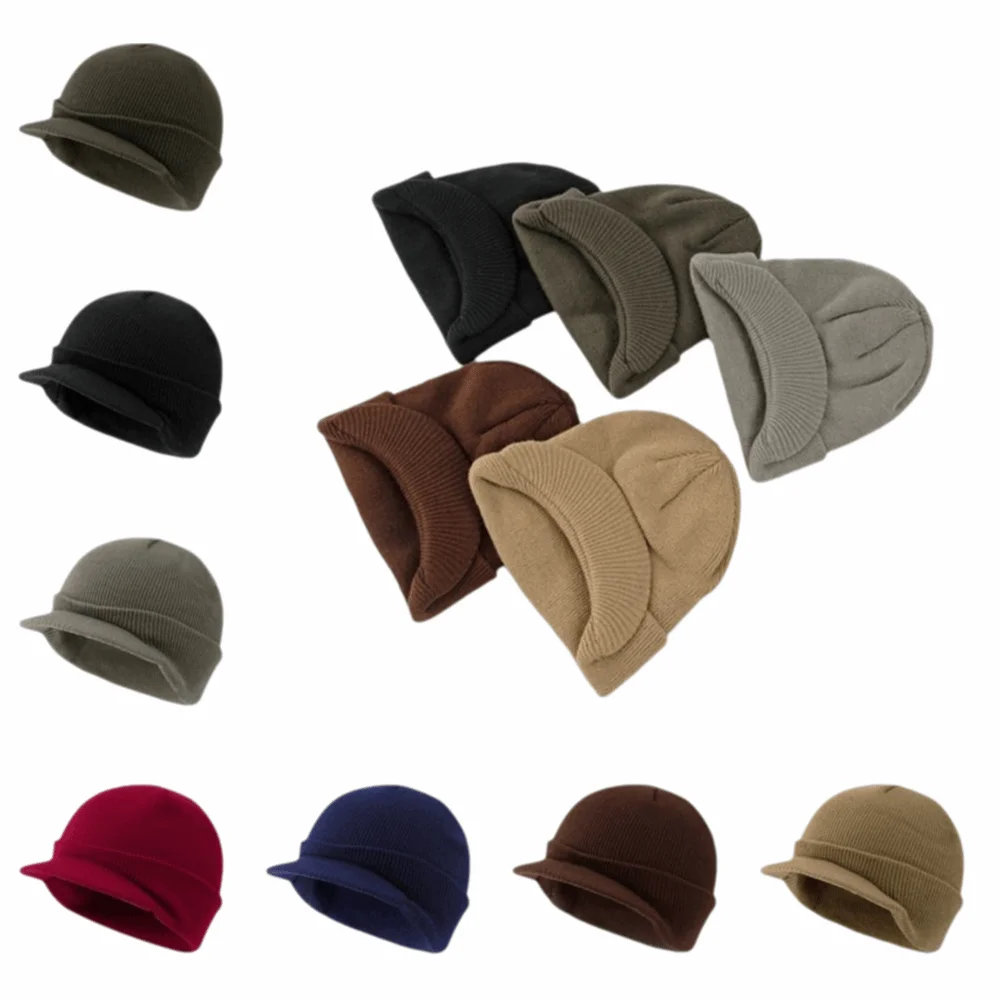 Gift Thicken Warm Knitted Peaked Cap Therma Solid Color Short Brim Beanie Cap Soft Earflap Add Plush Lined Hat Skiikng