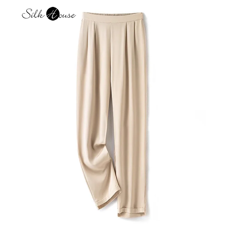 2024 Women\'s Fashion Summer New Heavyweight Natural Mulberry Silk Elastic Heavy Crepe High Waist Beige Straight Leg Pants