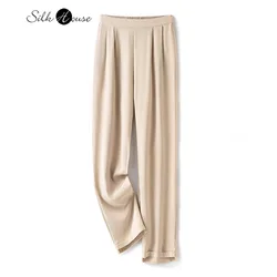 Calça reta de seda amoreira natural feminina, crepe pesado elástico, cintura alta, bege, peso pesado, nova moda, verão, 2024