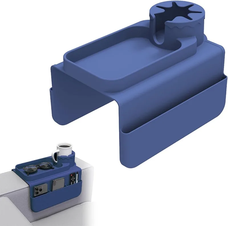 ソファカップホルダーアームレスト、サイドポケット付きリクライニングカップホルダー＆シリコンソファアームレストトレイ-ブルー