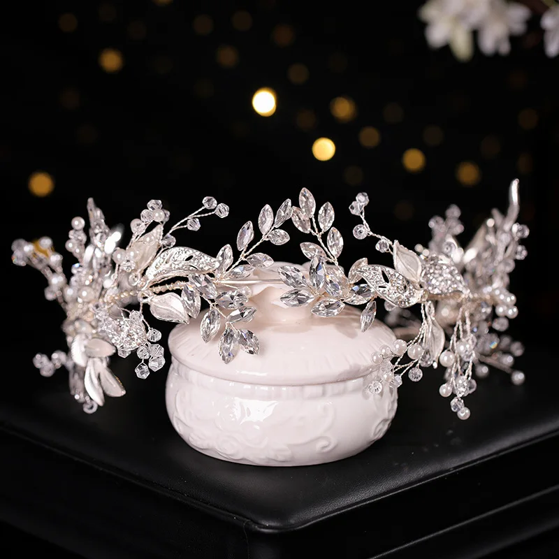 Accesorios para el cabello de novia, diadema de perlas de cristal, Tiara, diadema de hojas de diamantes de imitación, diadema para mujer, tocado de princesa elegante