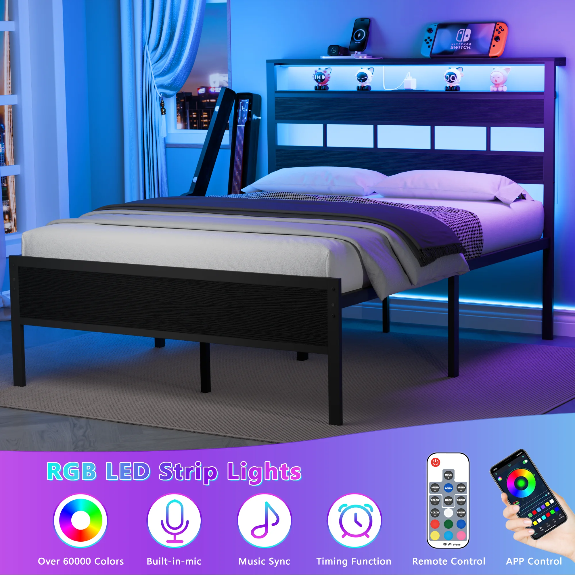 Satifur Full/Queen Size Bed Frame with LED Light and Charging Station, Wood Storage Headboard with 2-Tier Shelves,Metal Platform image 5