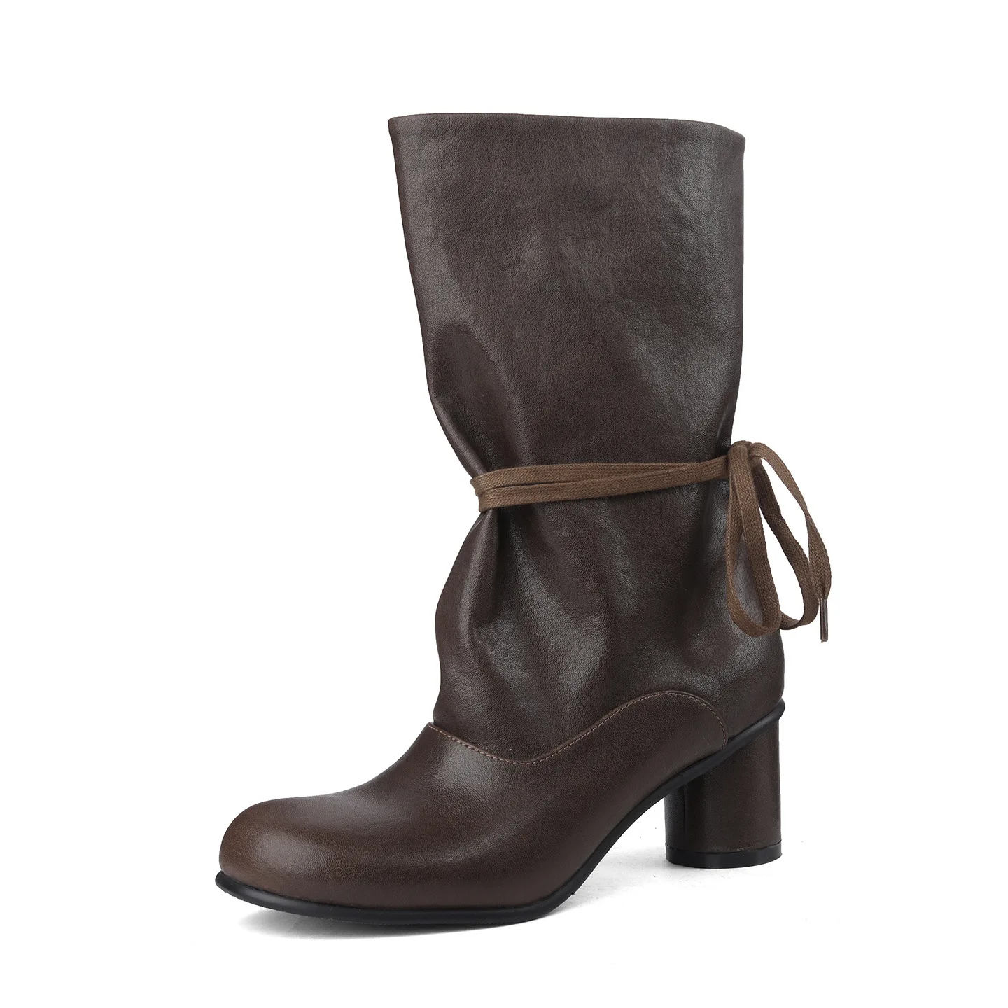 Arden Furtado Herbst-Kalbsleder-Stiefeletten mit Knöchelriemen, moderne Stiefel mit runder Spitze, zum Hineinschlüpfen, klobige Absätze, mittelhohe Stiefel, große Größen, Damenstiefel