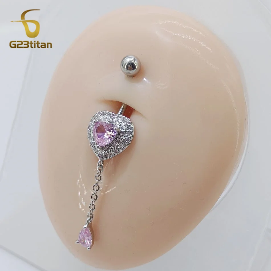G23Titan Pink Zircon Crystal Heart Navel Piercing Women Jewelry Hanging Long Chain Dangle Belly Button Ring 14G Titanium Barbell