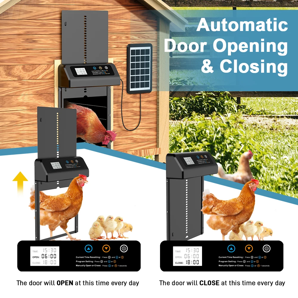 Intelligent chicken door solar powered chicken coop door fully automatic chicken coop door with timer anti pinch aluminum alloy