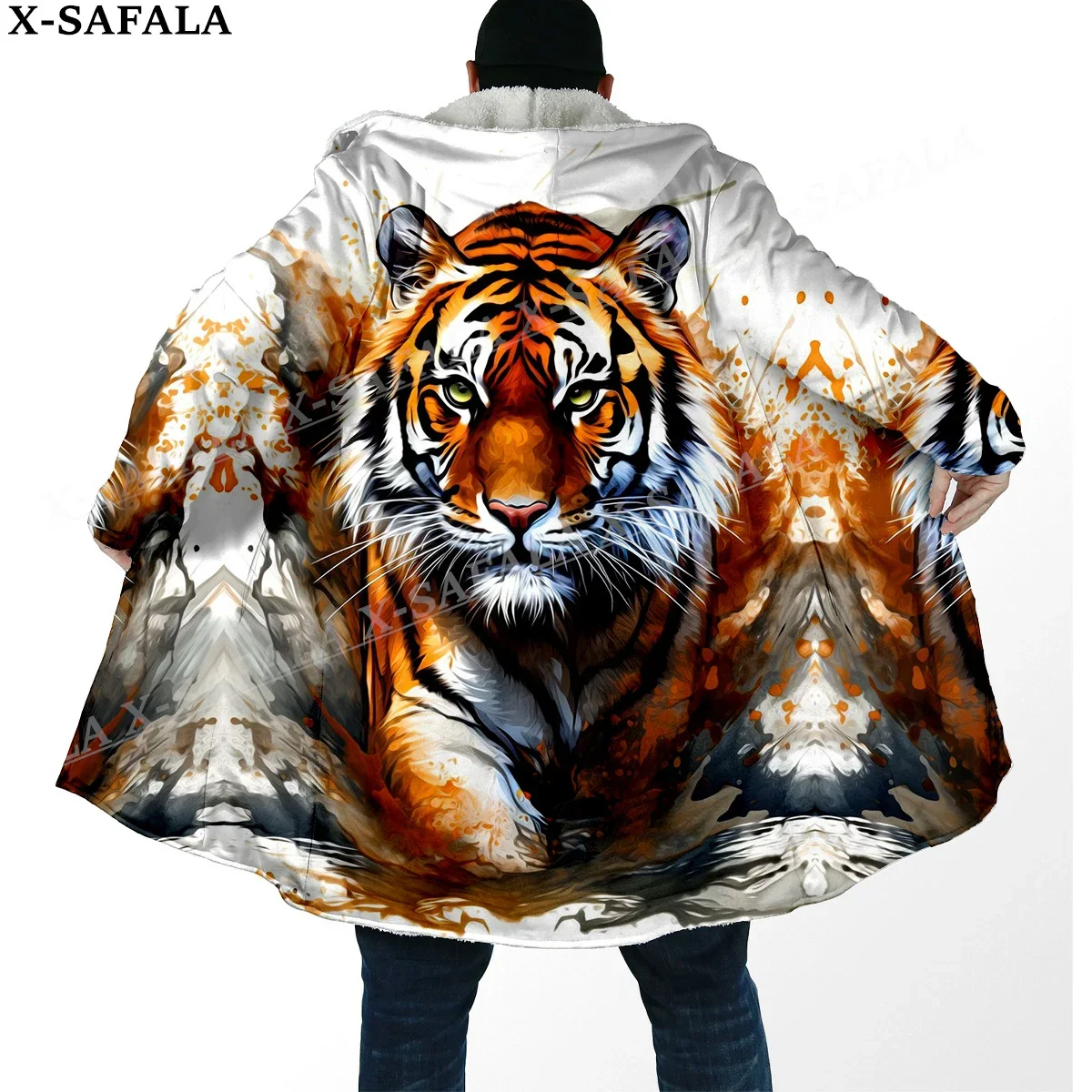 

Mythology Tiger The King Spirit Thick Warm Hooded Cloak Men Overcoat Coat Windproof Fleece Cape Robe Hooded Blanket-29