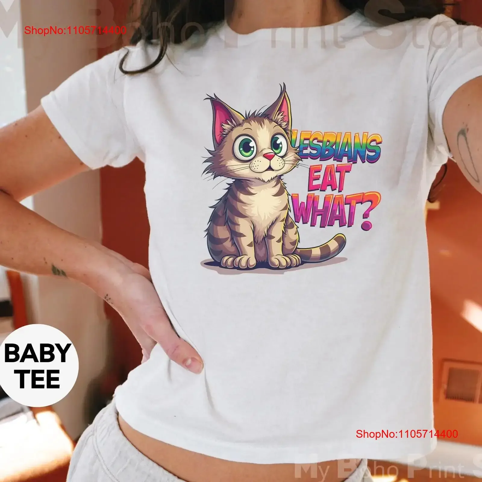 Lesbians Eat What Baby T Shirt Funny Cat Inappropriate Lesbian WLW Bisexual Pride For Her 90s Y2K Bi Crop Top vintage Washed