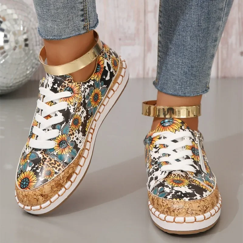 Women Sneakers Elegant Floral Printed Lace Up Female Flat Shoes Fashion Round Toe Lady Vulcanized Shoes Femme Casual Shoes