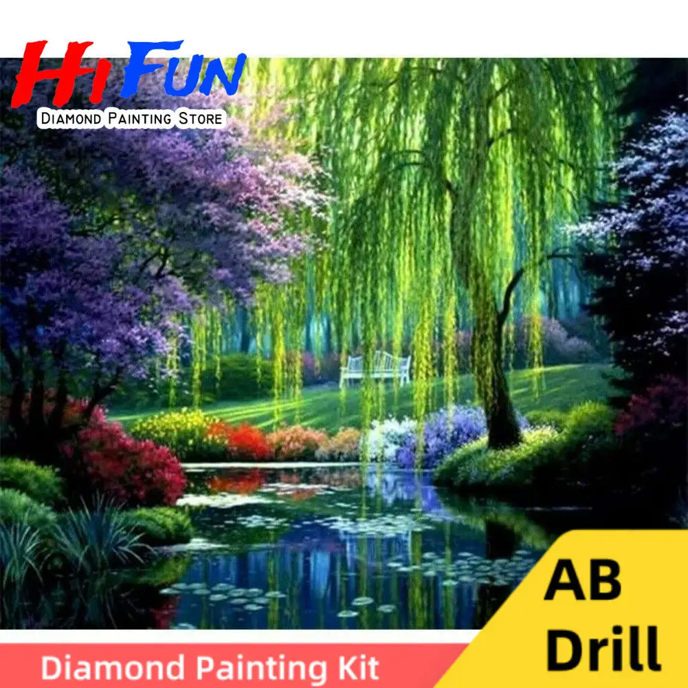 

Willow Tree By The Pond Art 5D DIY AB Diamond Painting Mosaic Rhinestones Embroidery Lakeside View Serene Landscape Decor