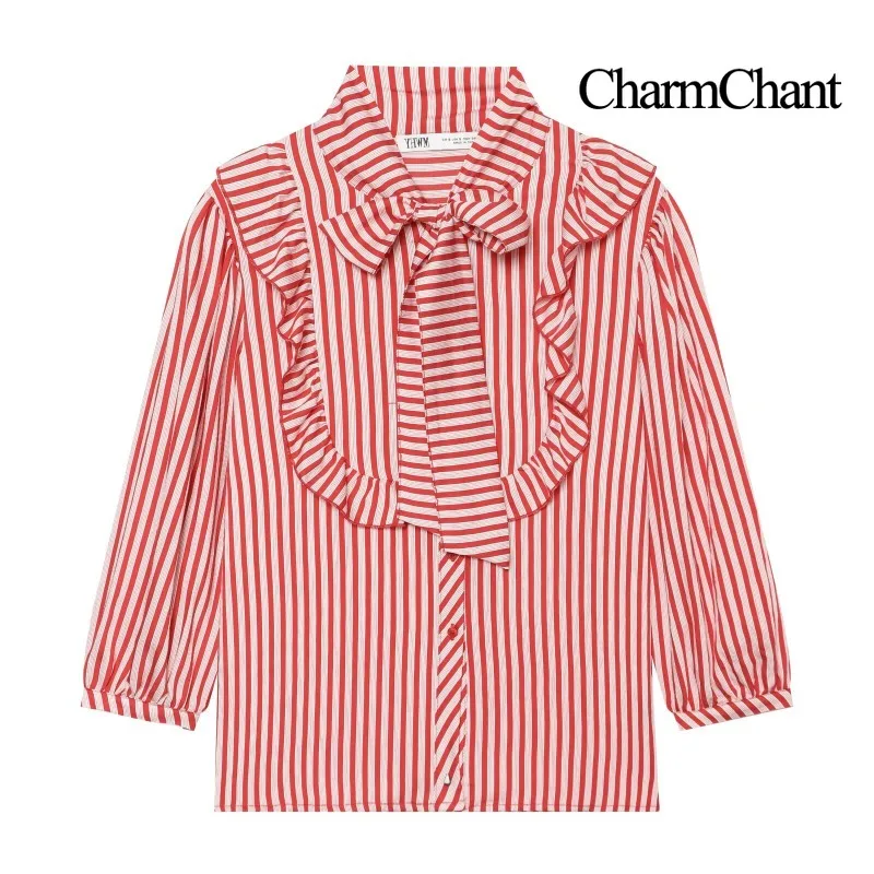 CHARMCHANT Women's Bow Collar Shirt Blouse Vertical Stripe Print Ruffled Trim Puff Long Sleeve Button Down Top Daily Fall 2026
