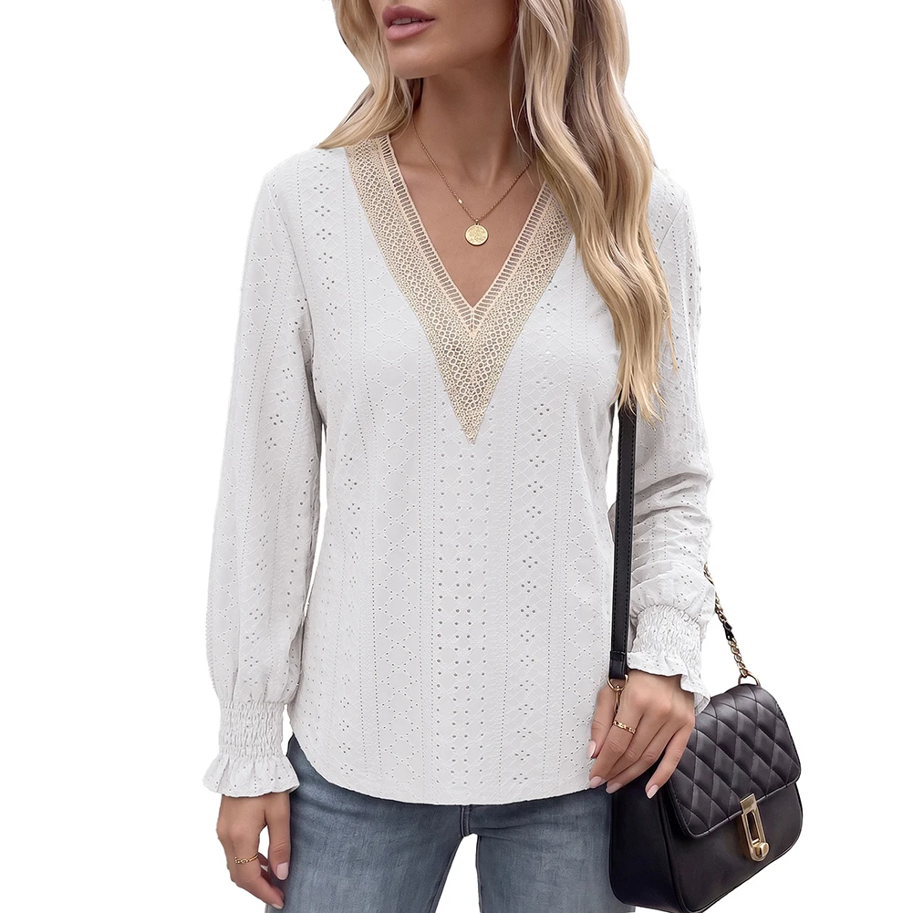Women's V-neck Lace Patchwork Loose Long Sleeved Top Fashion Solid Color Shirt With Hollowed Out  Grid Stripe Design