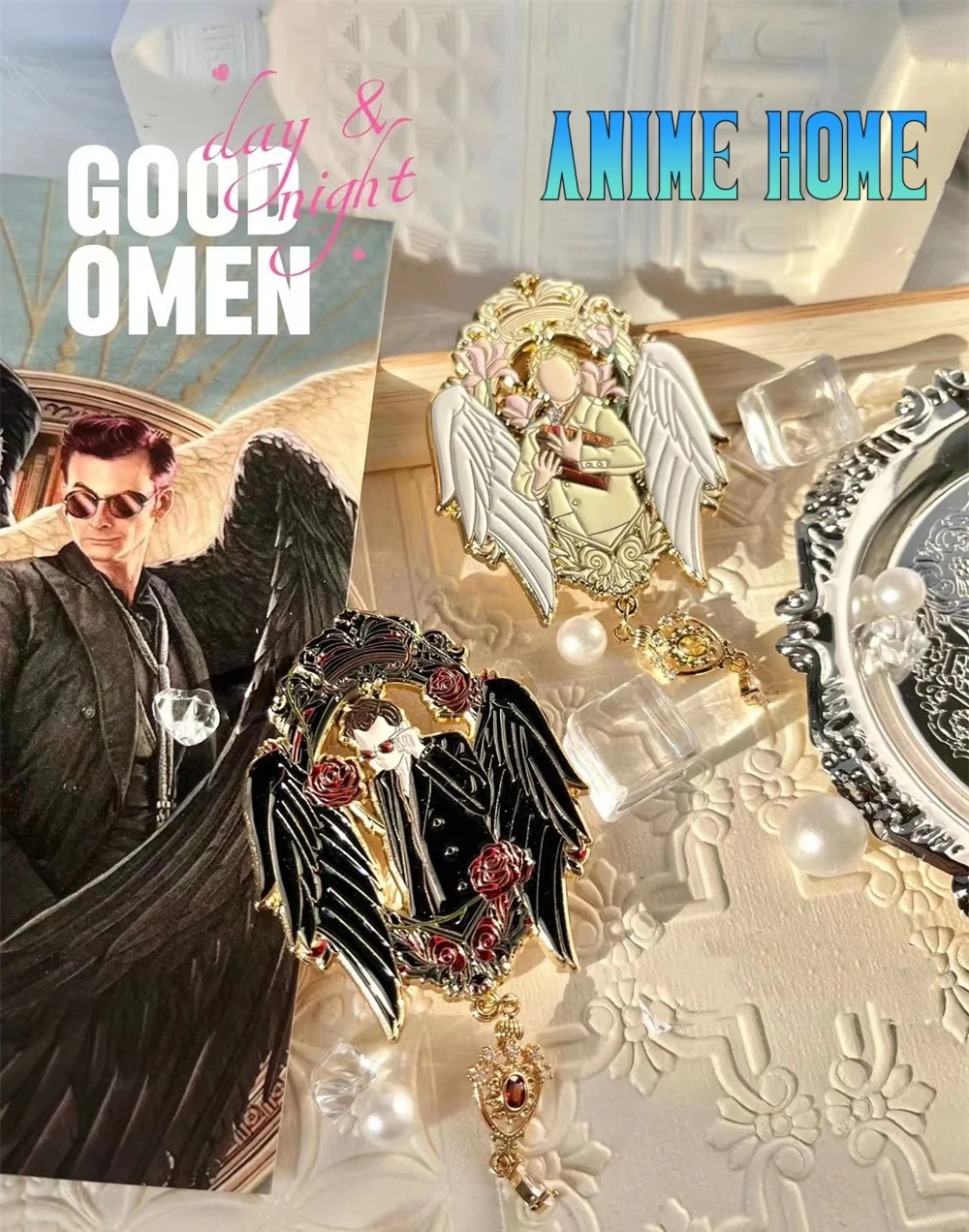 

Good Omens Aziraphale Crowley Angle Demon Day Night Metal Badge Costume Brooch Pin Cosplay