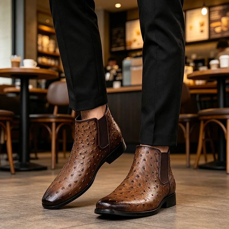 Men Chelsea Boots Imitation Ostrich Pattern Leather Pointed Toe Rubber Ankle Shoes Business Formal Wear Casual Shoes Men view 2