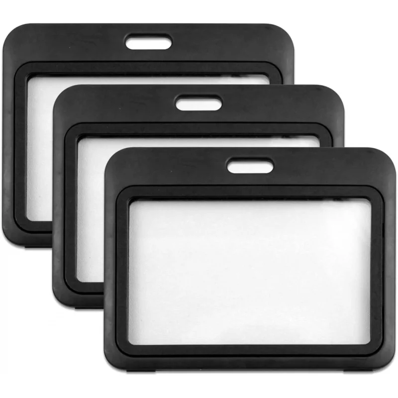 3-Pack Horizontal Hard Plastic ID Badge Holders – Double-Sided Black Card Case for Office, School, Credit & Access Cards