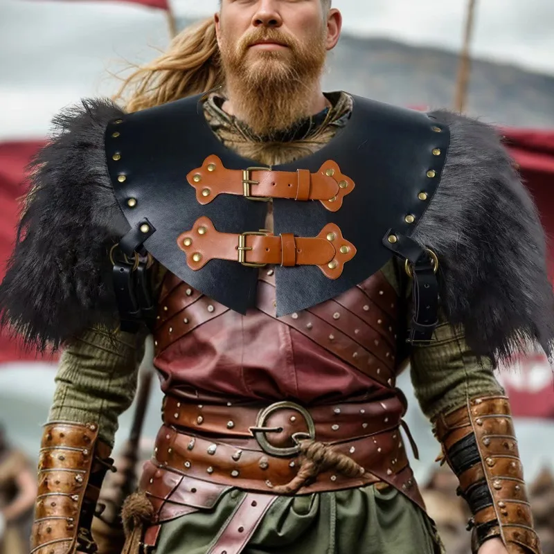 

Men Medieval Wrap King Warrior Cape Shawl Renaissance Pu Leather Faux Fur Stitching Warrior Armor Halloween Costume Accessories