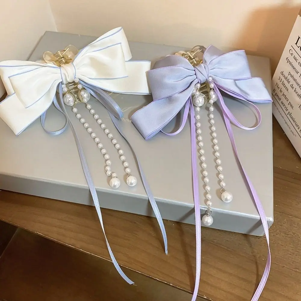 

Fashion Bow Pearl Hair Claws Long Ribbon Tassel Chain Shark Clip Elegant Hair Clip Hair Accessories