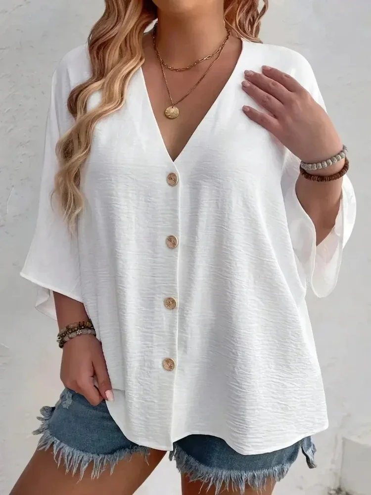 

Plus-size Women's Spring/summer V-neck T-shirt Solid Color Breathable Button Travel Casual Wear with European and American Style