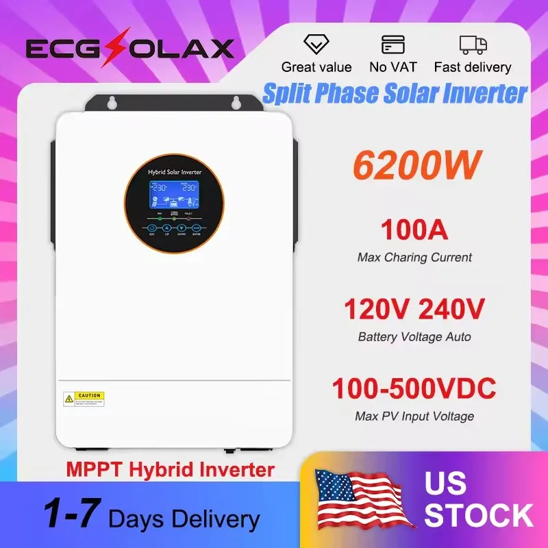 Inversor Solar Bifásico ECGSOLAX de 6.2KW, 120V/240V, Onda Sinusoidal Pura, MPPT 48V, Inversor Solar Híbrido, MPPT 100A, Inversor Fuera de Red