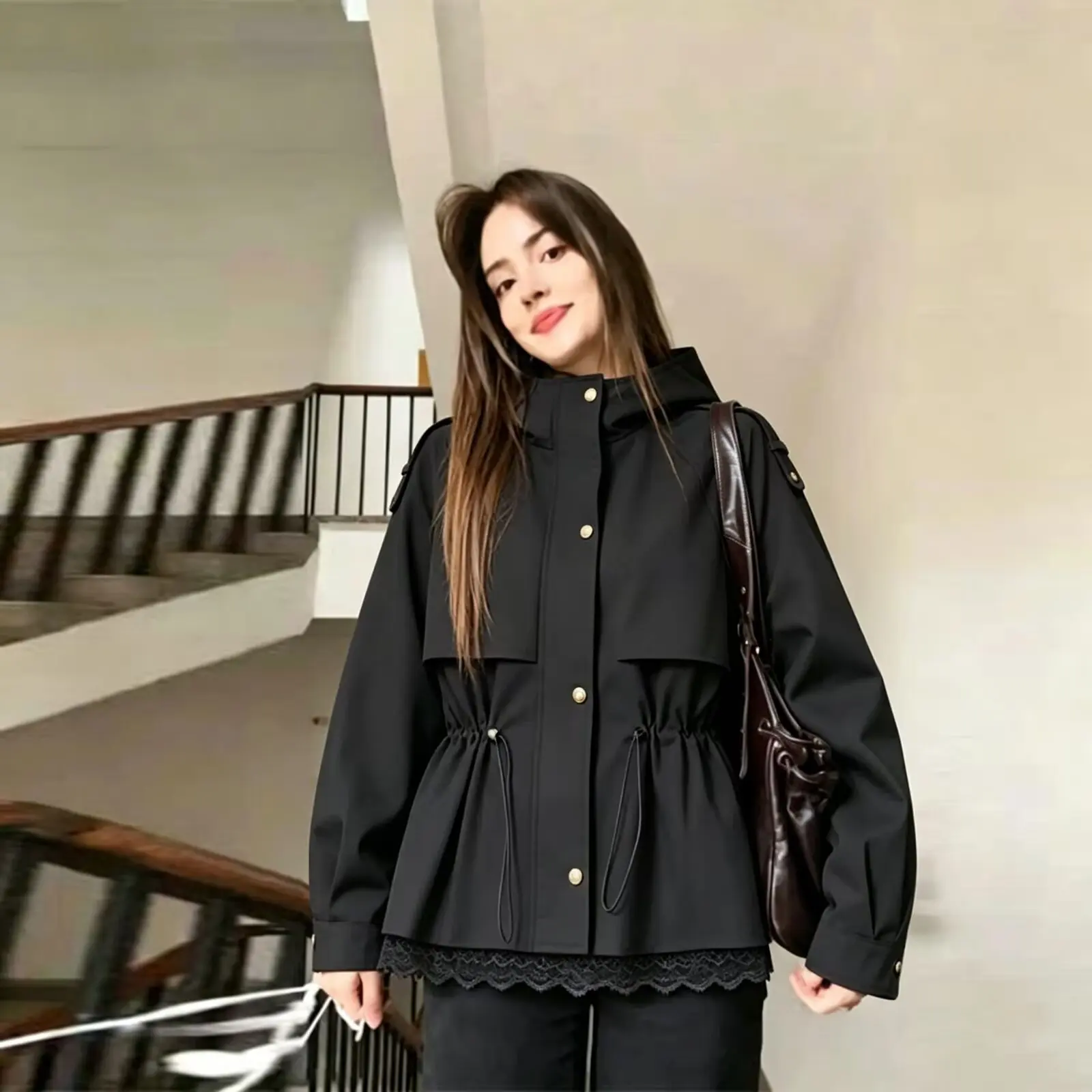 Fashionable Women's Cotton Jacket with Lace Trim Elastic Waist Slim Fit Short Coat Versatile Style European Standard Polyeste...