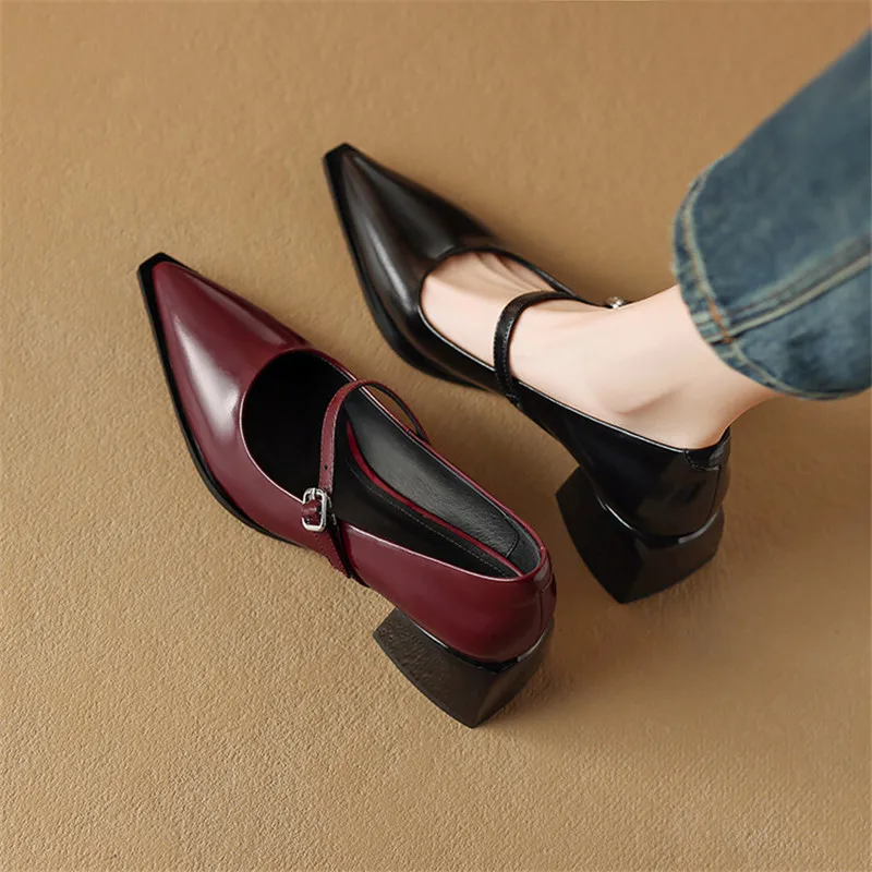 New Spring Split Leather Women Shoes Pointed Toe Women Pumps Fashion Retro Mary Jane Shoes for Women High Heels Ladies Shoes