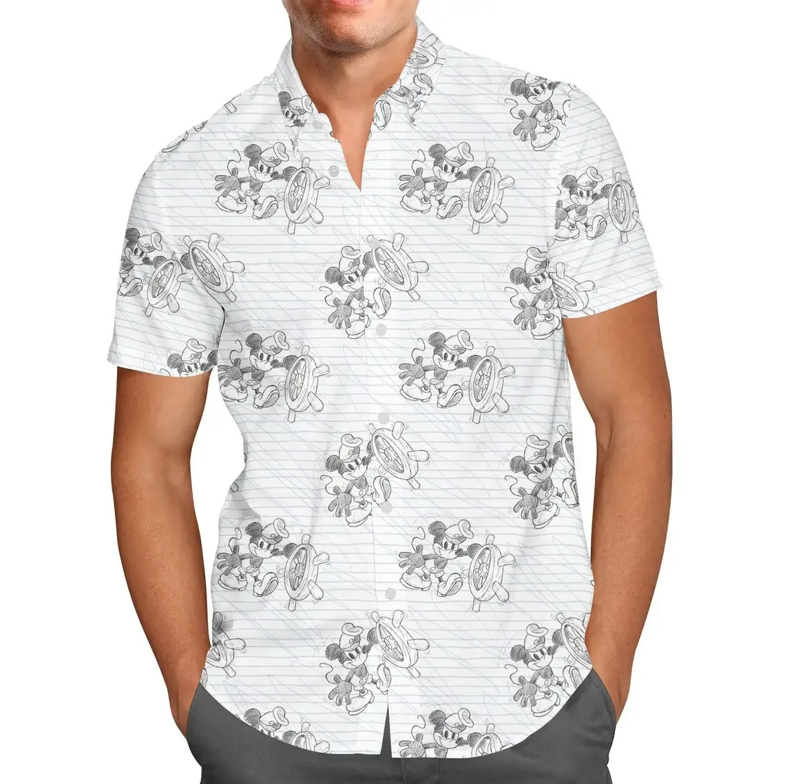 2024 New Sketch Of Steamboat Mickey Hawaiian Shirt Disney Inspired Men's Button Down ShortSleeved Shirt Men's Beach Shirts