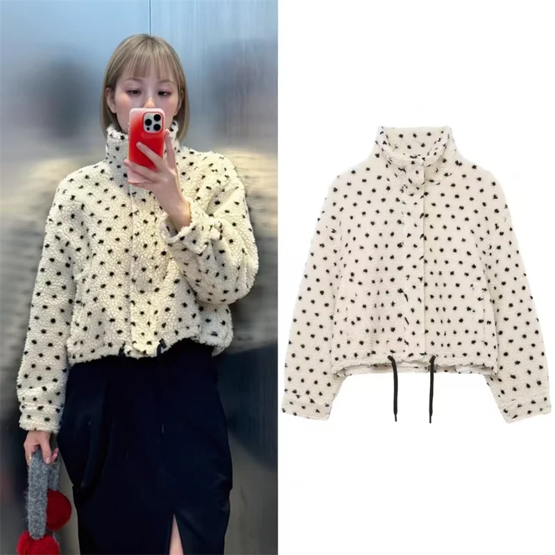 

Women's Jacket 2025 Winter New White Polka Dot Long-Sleeve Fleece Short Warm Jacket Casual Fashion Versatile