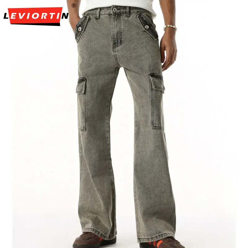 2025 Four Seasons Men's New American Versatile Slimming and Slimming Multi Pocket Design Workwear Washed Grey Cowboy Pants