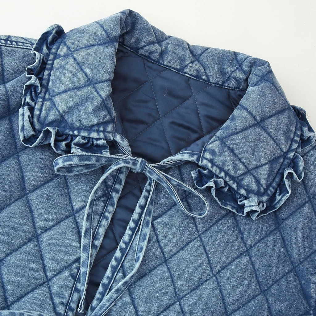 

Women's Lace Stitching Lapel Quilted Denim Cotton Coat Autumn Winter Fashion European American Style Clothing
