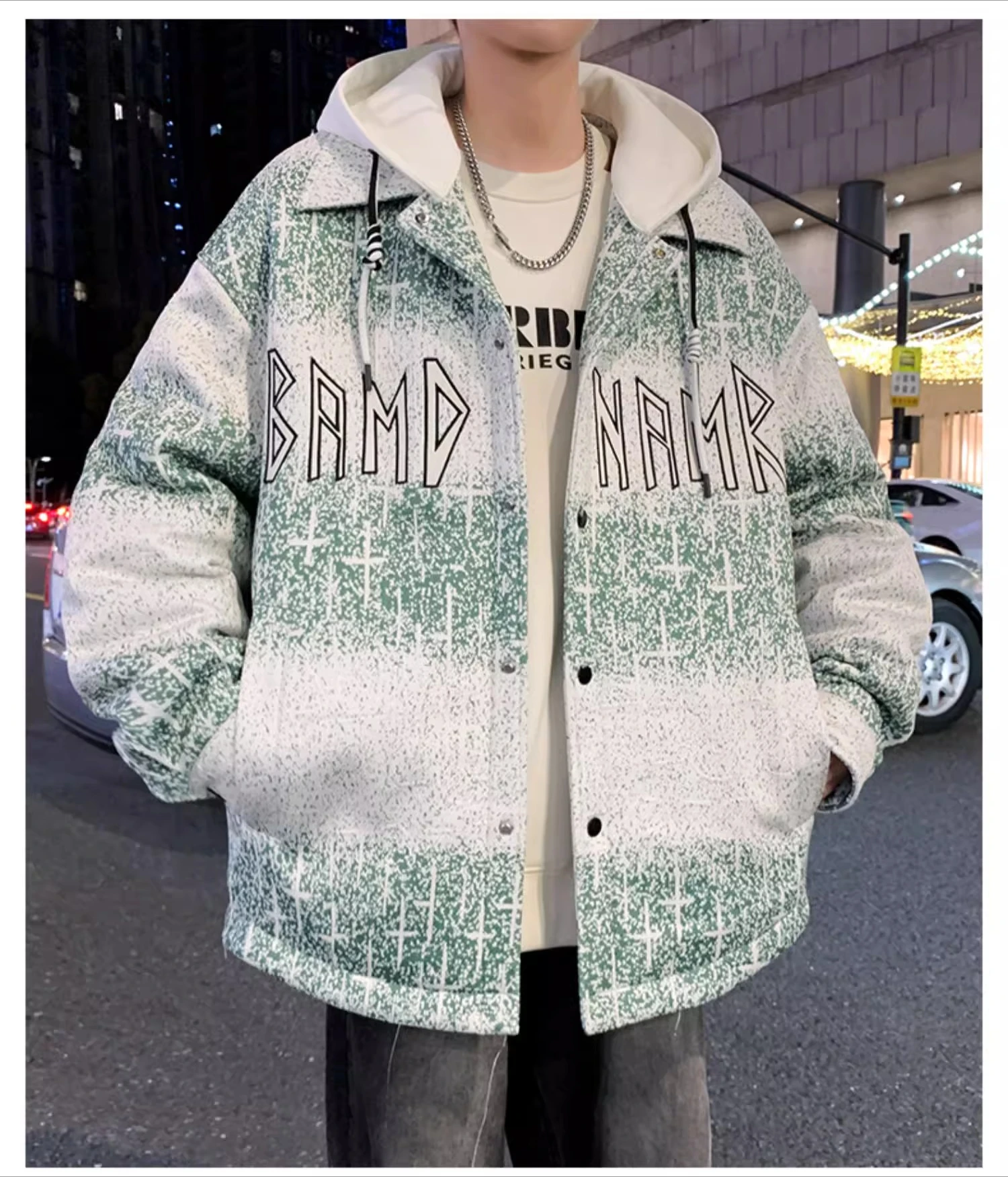 2025 Autumn Winter New Green Gradient Print Men's Jacket Gray Fleece Lined Thickened Fake Two-Piece Hooded Cotton Coat